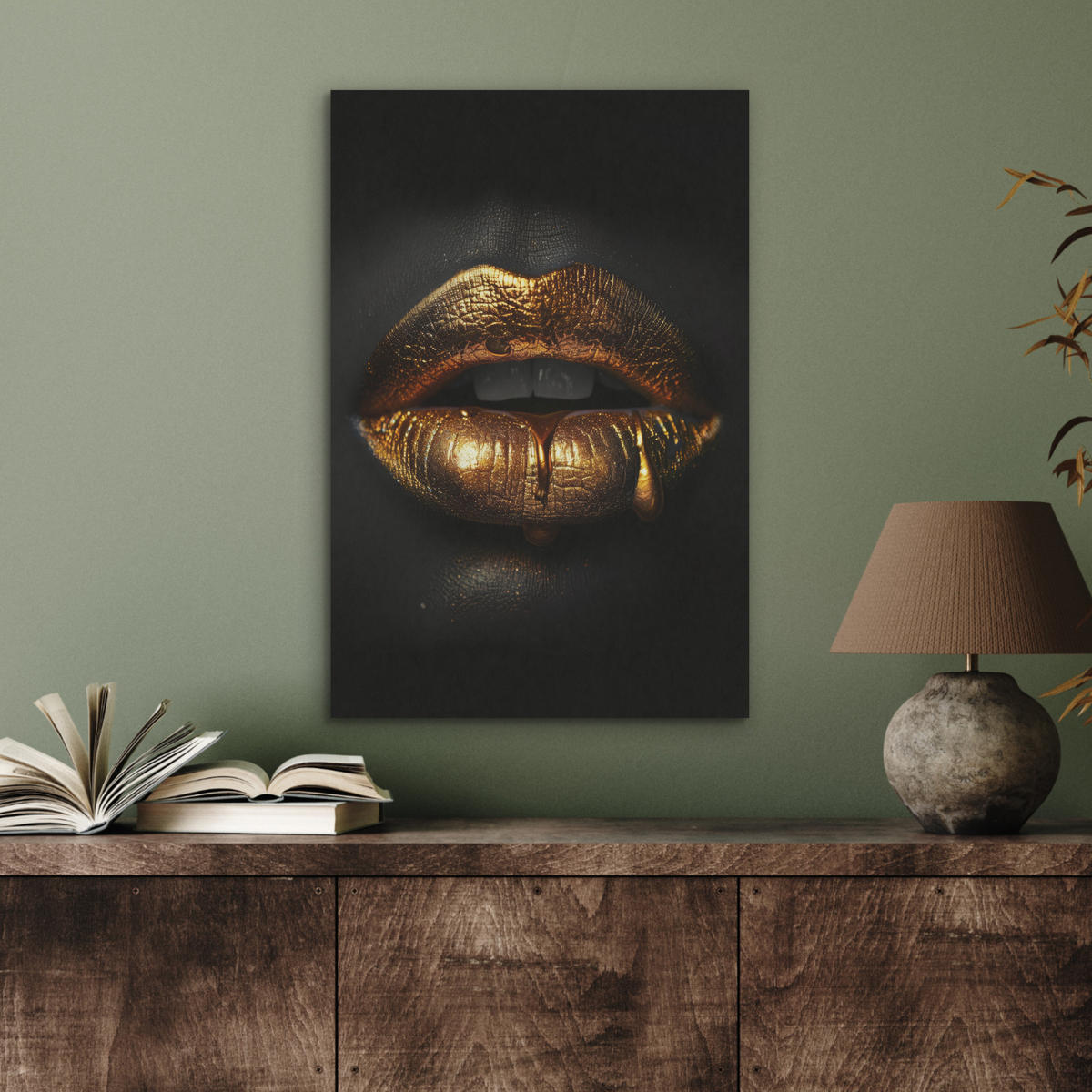 AKUSTIKBILD Frau - Porträt - Lippen - Gold - Schwarz Kunstdruck Schlafzimmer 50x70 cm - Schwarz, Kunststoff (50/70/0.9cm) - MuchoWow