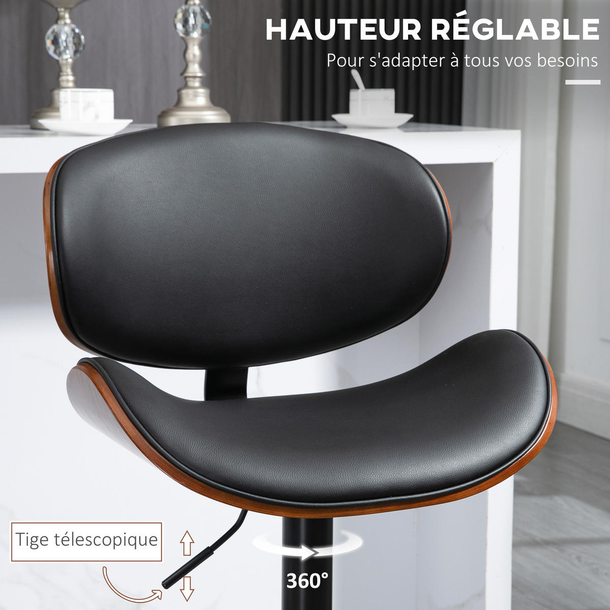 BARHOCKER 2er-Set DE-14709 höhenverstellbar mit Kunstleder Schwarz - Schwarz, Metall (52/112/53cm) - ComfortXL