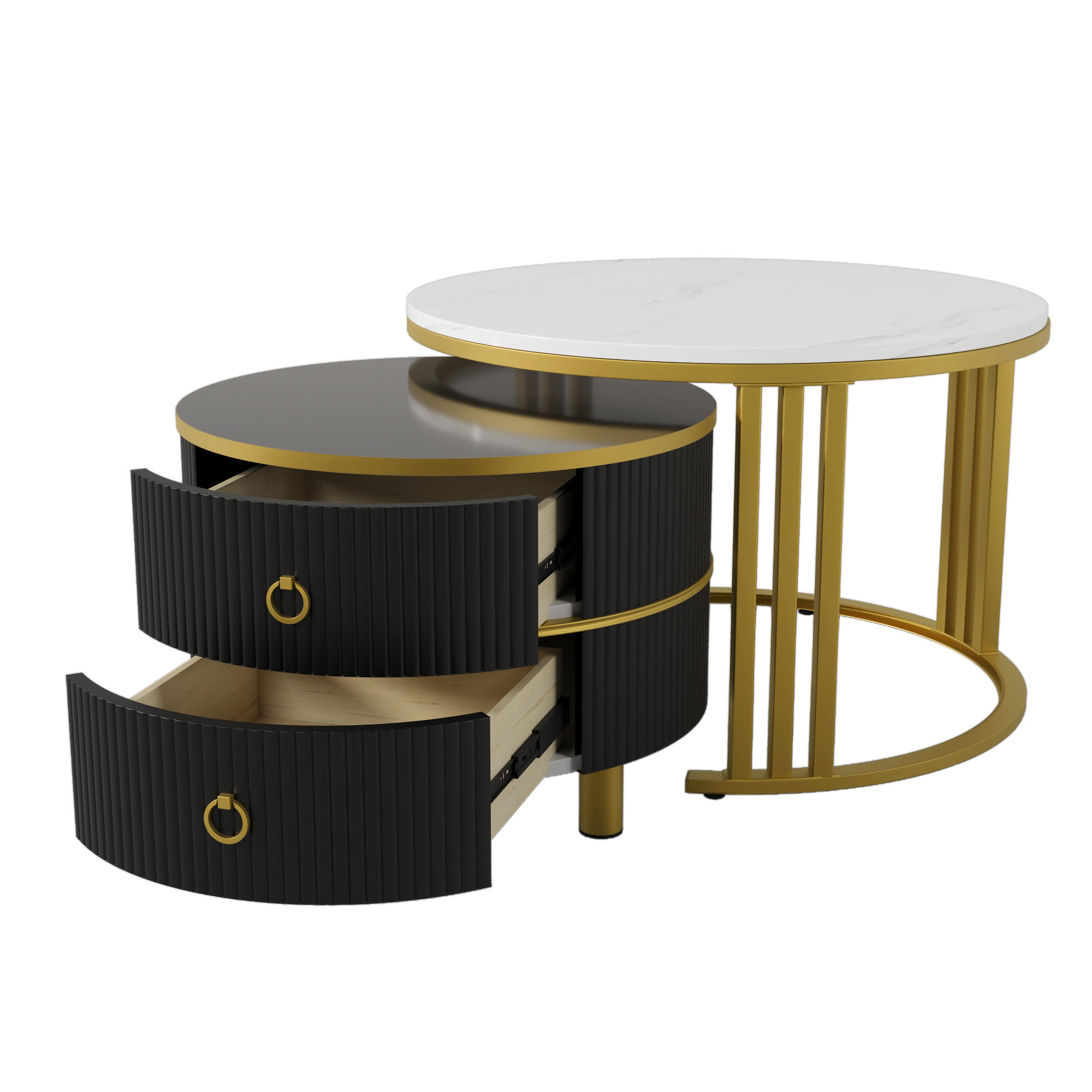 COUCHTISCH-SET DE-37036 2-tlg. mit Marmorplatte und Hochglanzplatte Gold/Schwarz - Schwarz, Holzwerkstoff (70/70/45cm) - ComfortXL