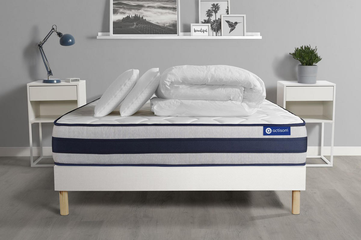 BETT Actimemo ergo Memory-Schaum 200 x 200 cm h3 - Kit Bettgestell Weiß - Mit Kissen und Bettdecke - Beige/Weiß, Holz/Textil (200/200cm) - ACTISOM