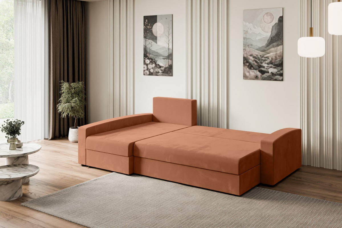 ECKSOFA mit Schlaffunktion und Bettkasten ALESIA-L 231x140x90 cm Koralle Velours - Koralle/Silberfarben, Holzwerkstoff/Kunststoff (231/140cm) - ALTDECOR