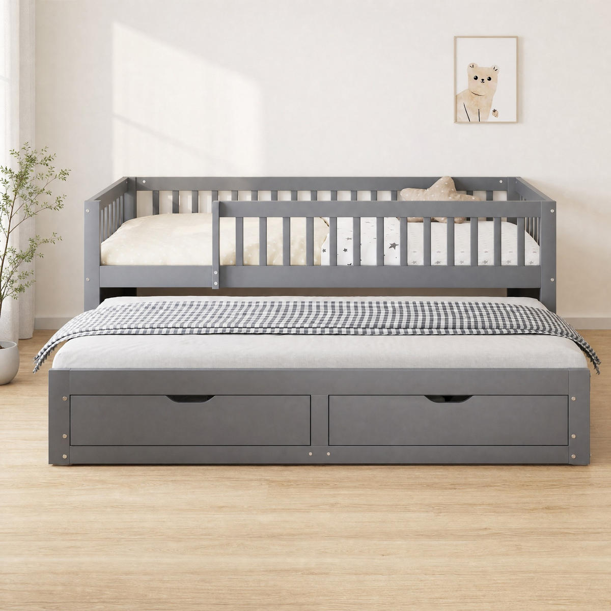 BETT 90/200 mit Ausziehbett, Sicherheitsgitter, 2 Schubladen und Lattenrost in Grau - Grau, Holzwerkstoff (90/200cm) - EVRYAE