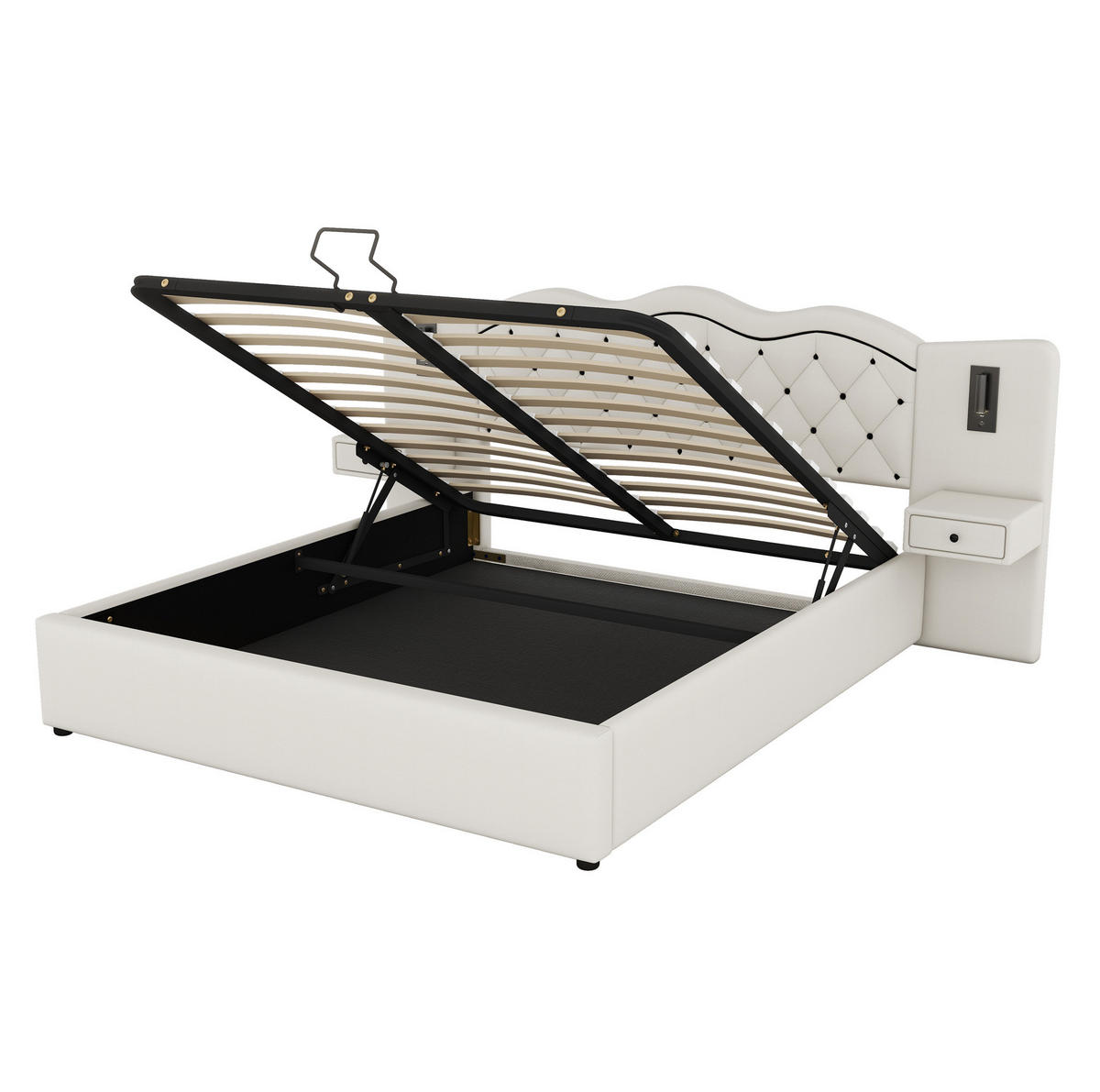 ČALOUNĚNÁ postel 180/200 cm béžová z lnu a MDF s úložným prostorem, USB a osvětlením - béžová, textil (180/200cm) - OKWISH
