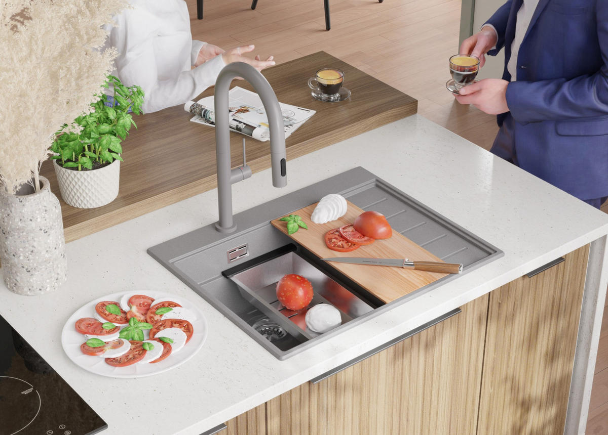 SPÜLBECKEN Sydney, 2-er set Grau 62/50 cm 1 Becken + Ablauf-Set + Küchenzubehörset ab 40er Unterschrank - Chromfarben/Beige, Kunststoff (62/20/50cm) - Primagran