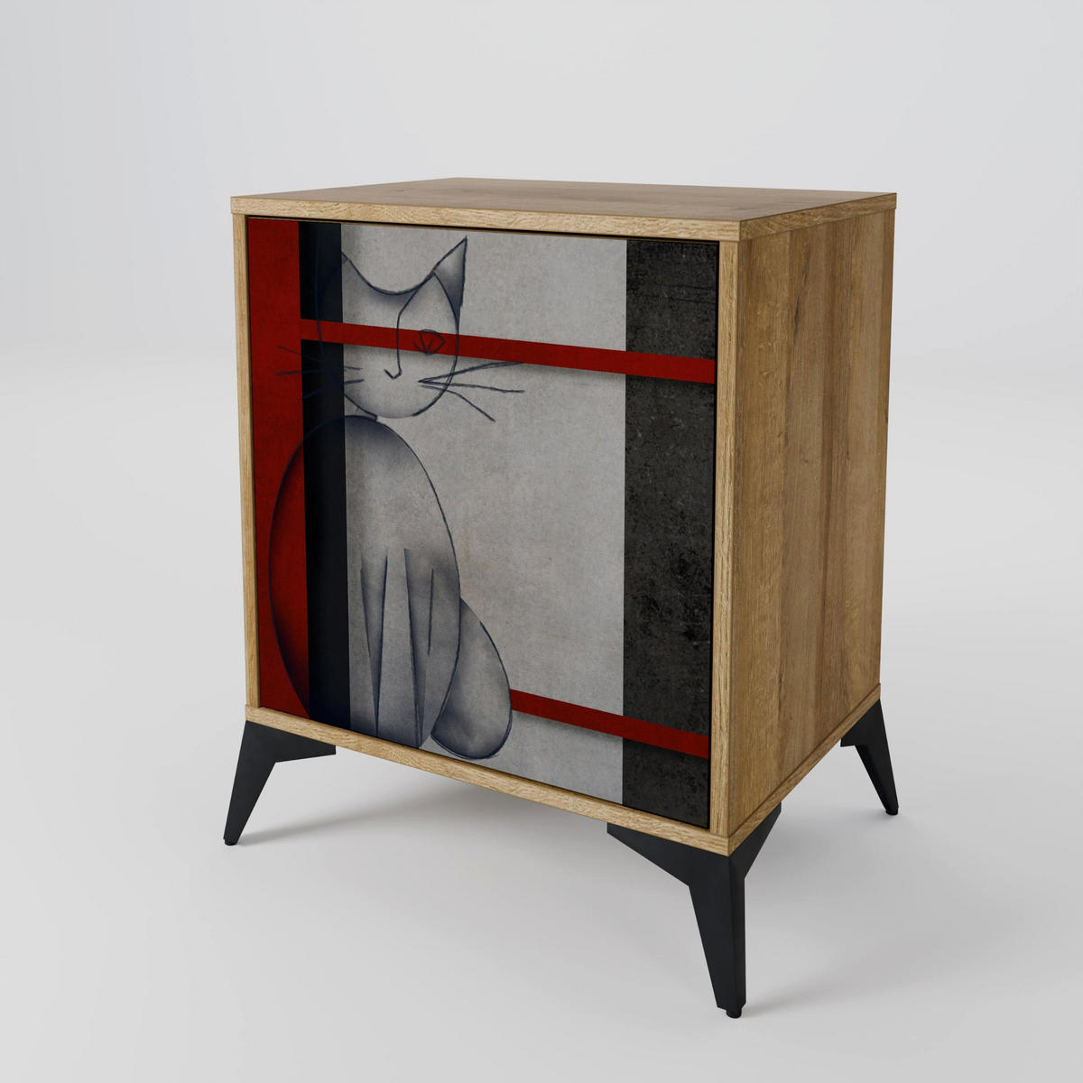 SIDEBOARD GRAY FIGURES, Eichefarben, 57,5x42x67,5 cm, Schwarze Metall-Rahmenfüße - Eichefarben/Multicolor, Holzwerkstoff/Metall (57.5/67.5/42cm) - SpaceRebels