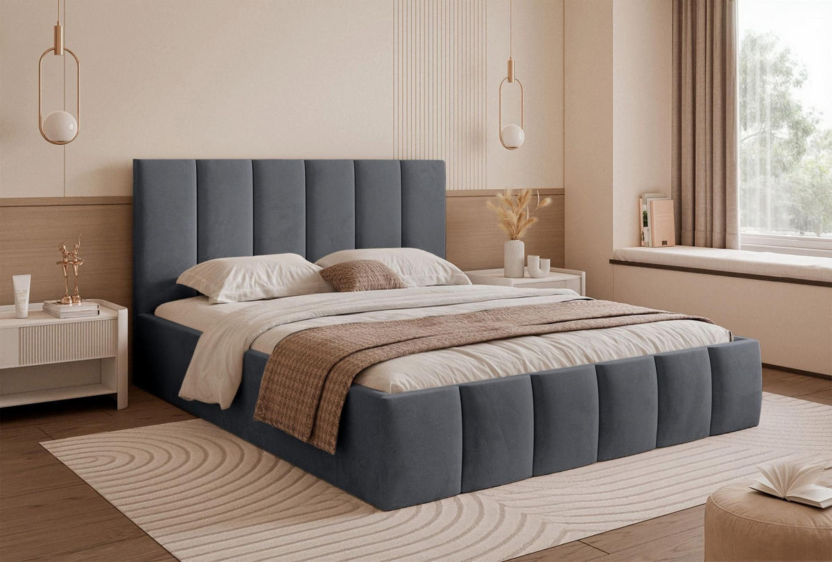 POLSTERBETT Sarafino Dunkelgrau Samt 140x200 cm - Dunkelgrau, Textil (140/200cm) - Selsey