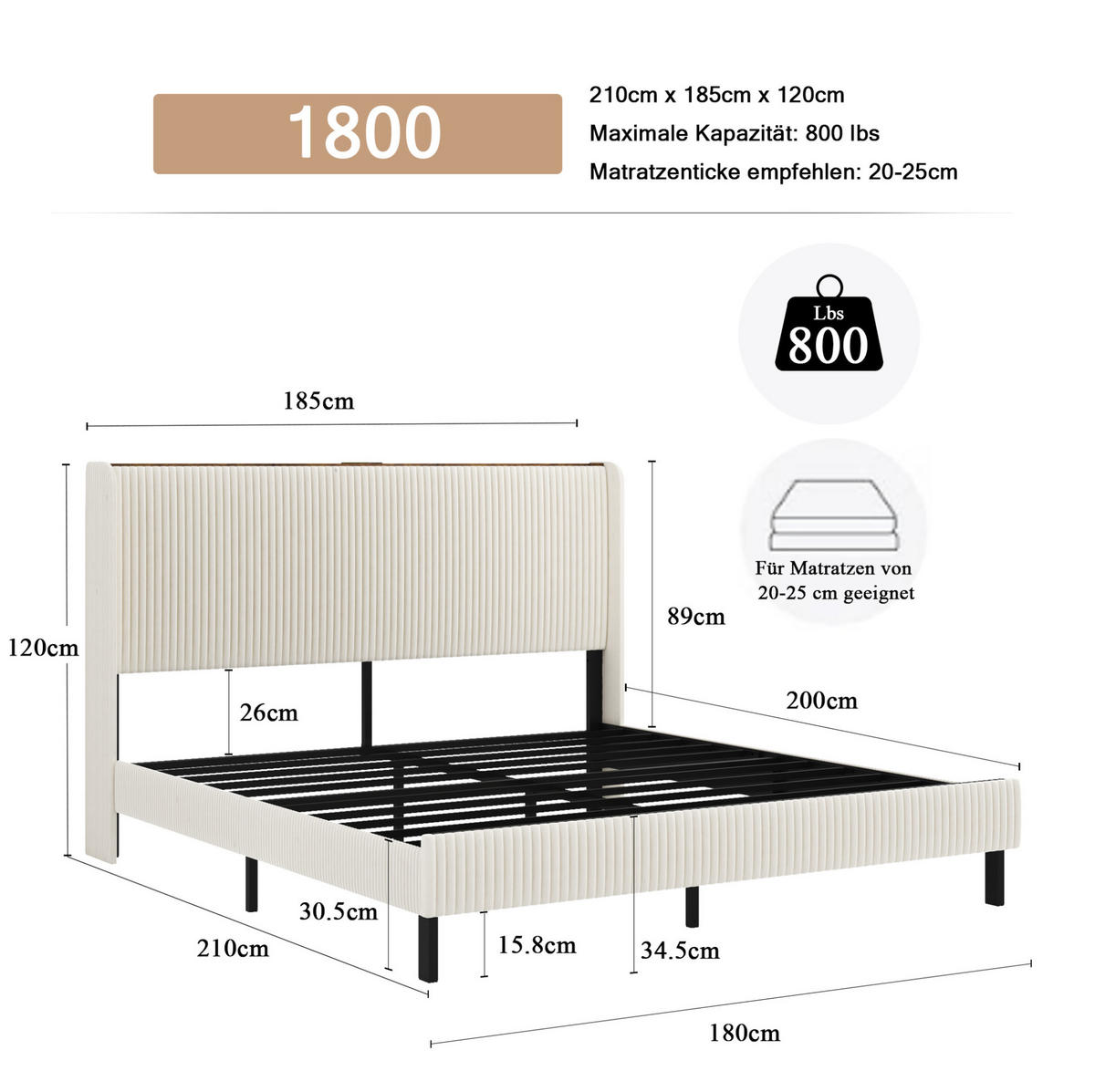 POLSTERBETT 180x200 cm in Beige und Creme mit Cord-Kopfteil und Metalllatten - Beige, Textil (180/200cm) - IVMEU