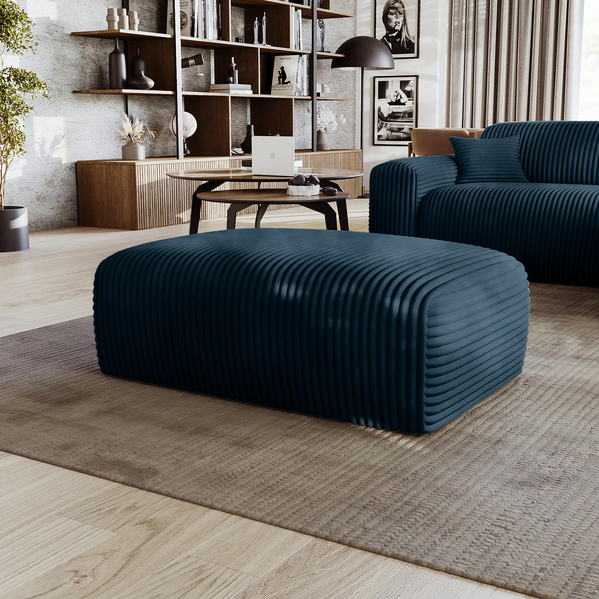 POLSTERHOCKER - Cord - Blau/Schwarz, Kunststoff/Textil (110/40/72cm) - home24