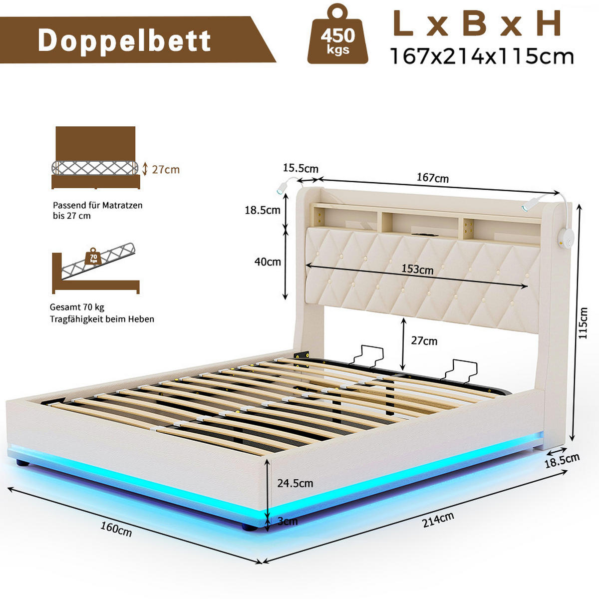 POLSTERBETT 160x200 CM mit LED und USB C- Bettgestell mit Hydraulischem und PU Kopfteil Stauraum, mit 2 Leselampe,2 Personen,Beige,PU - Beige, Metall
