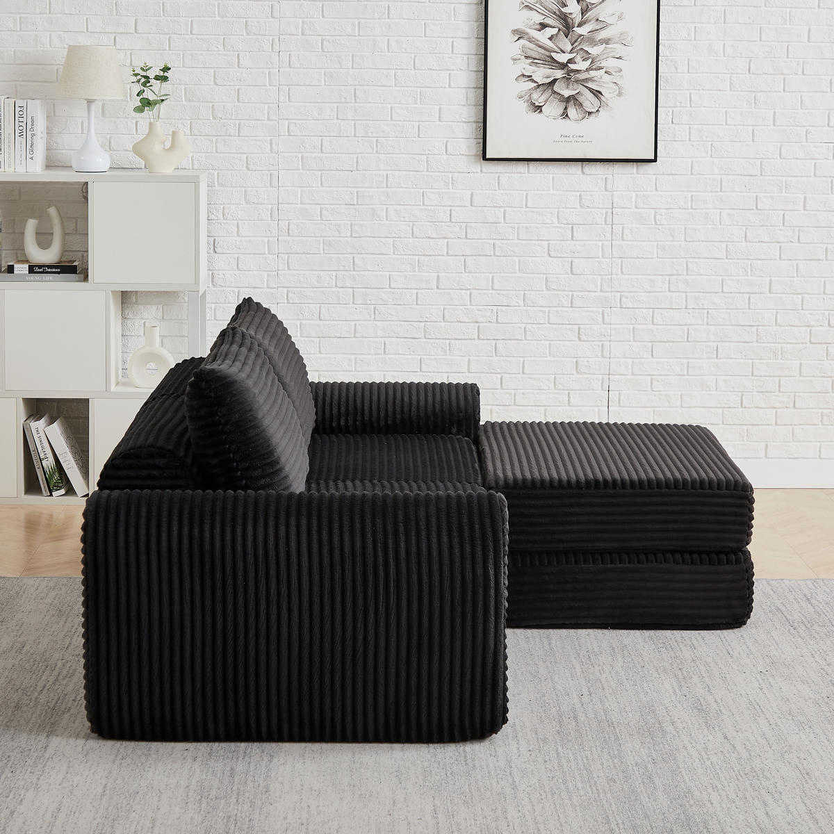 SCHLAFSOFA 2-in-1 aus Cord mit 2 Kissen und Hocker - Schwarz, Textil (243/53/194cm)