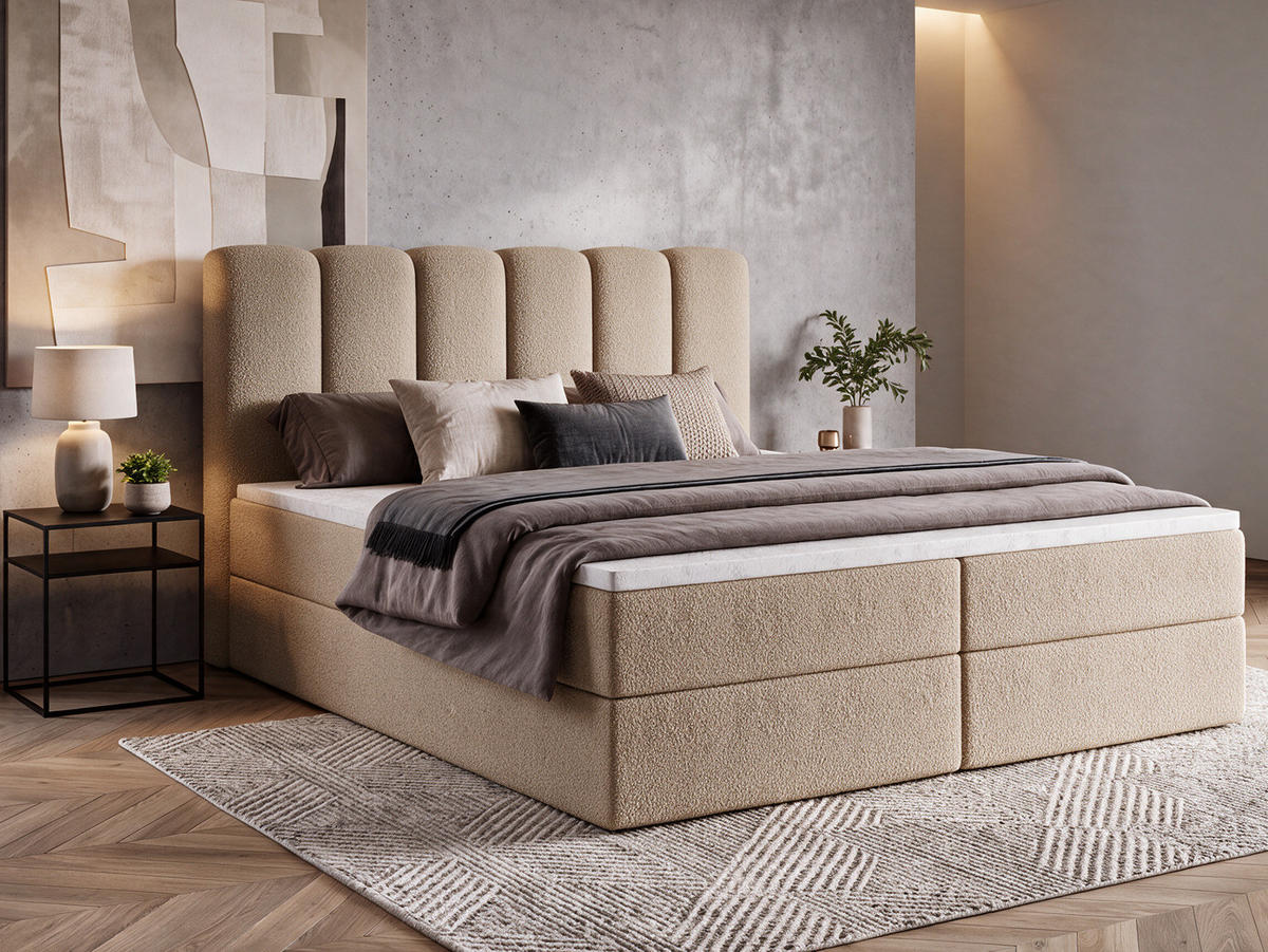 BOXBET NOLARO 160x200 cm Komplett-Set mit Bettkasten, Bonell-Matratze und Topper, Bouclé Beige - Beige, Textil (160/200cm) - Luxkor24