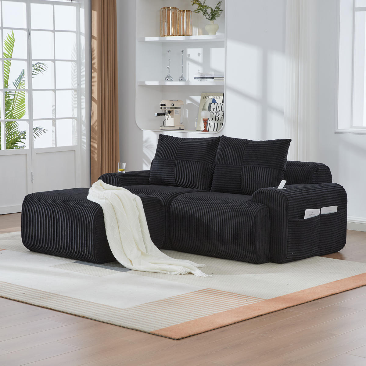 2-SITZER-SOFA aus Cord 200x174x80 cm mit Cupholder & Seitentasche, schwarz - Schwarz, Textil (174/80/200cm)