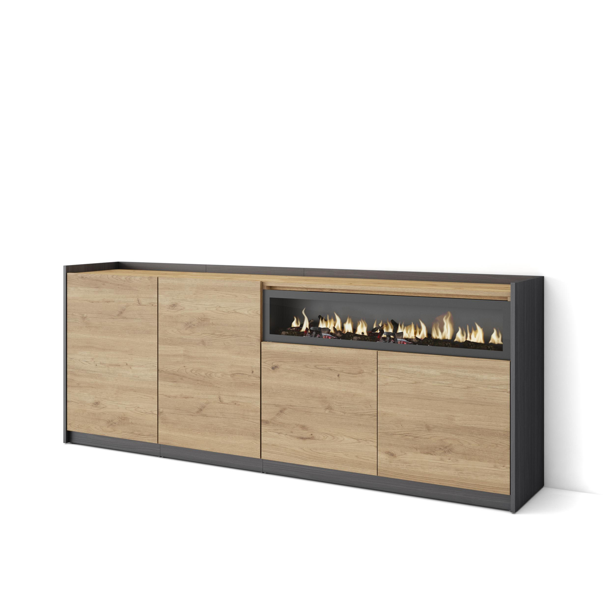 SIDEBOARD, Highboard, Eiche Schwarz, Elektrokamin, 207/37/80cm - Eichefarben, Holzwerkstoff (207/80/37cm) - Skraut Home