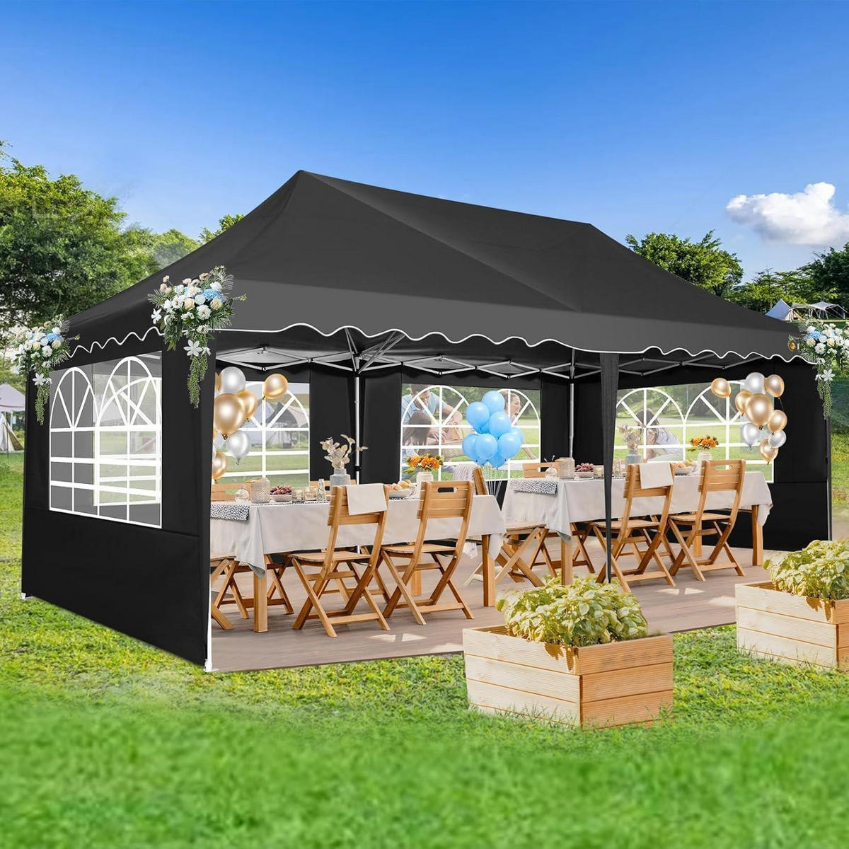 FALTPAVILLON 3x6m Wasserdicht UV50+ Schwarz mit Seitenwänden - Schwarz, Textil (300/203/600cm)