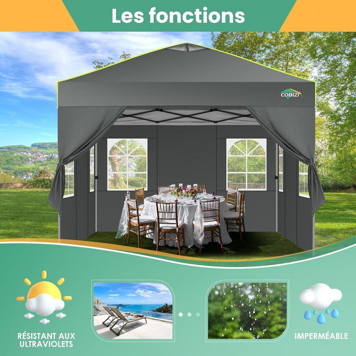 FALTPAVILLON 3x3 m Grau wasserdicht mit 4 Seitenwänden - Grau, Textil (300/298/300cm)