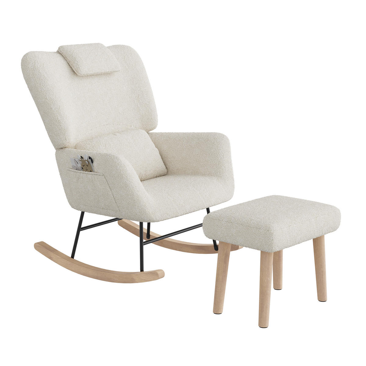 SCHAUKELSTUHL mit Hocker, Beige ,Lendenkissen, Kopfstütze, Seitentaschen und Massivholzsockel, Lammwolle Stoff-für Wohnzimmer, Schlafzimmer - Ecru, Holz/Metall (75/42/93cm) - BursDany