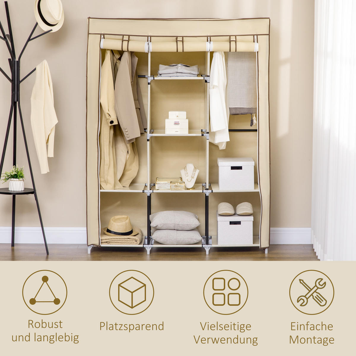 STOFFSCHRANK, Kleiderschrank, Beige - Beige, Metall (43/162.5/125cm) - HOMCOM