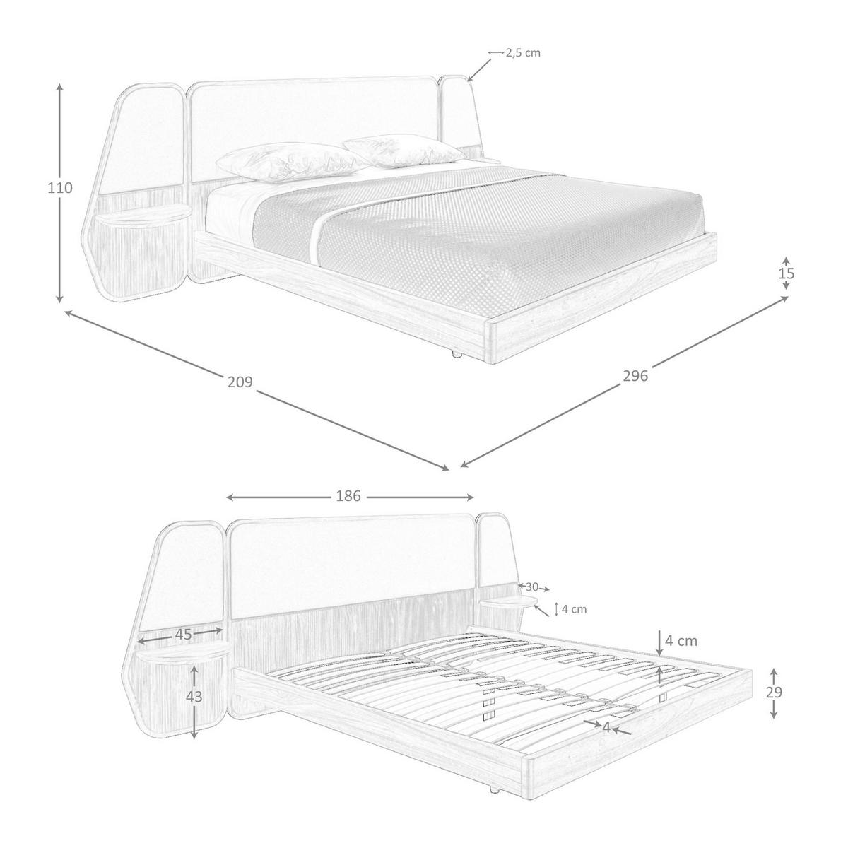 BETT Bett in Walnuss und grauem Stoff 296/209/110 cm - Walnussfarben, Holz (180/200cm) - ANGEL CERDA