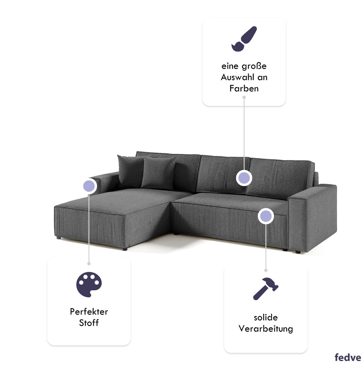 ECKSOFA Couch Sofagarnitur Sekwana L-form Spiel - Grau, Naturmaterialien (294/185cm) - Fedve