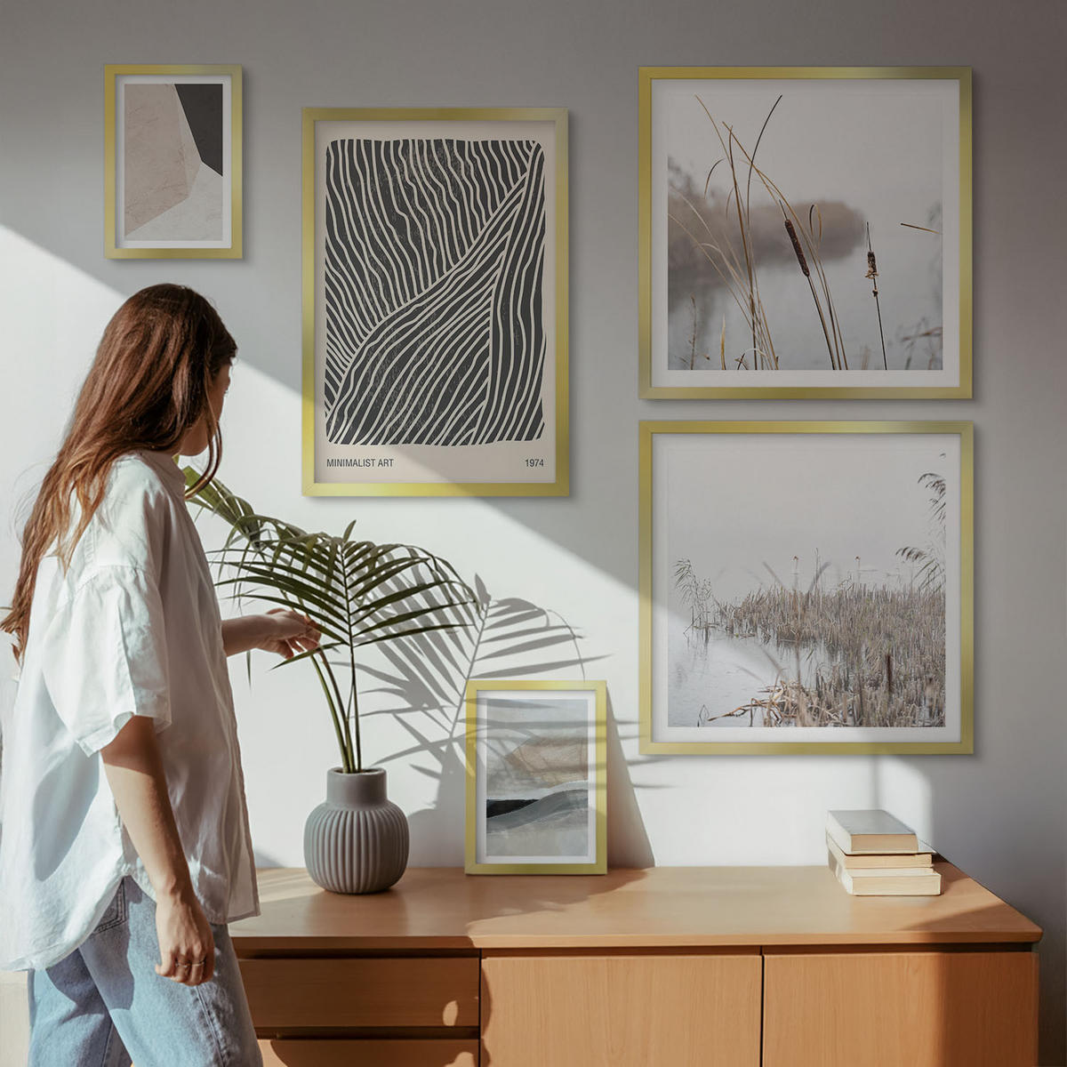 BILDER SET 5er Set - 50x50 cm & 20x30 cm & 40x60 cm Goldrahmen - Abstrakte Boho-Dekorationsmuster - Goldfarben, Kunststoff (40/60cm) - TULUP