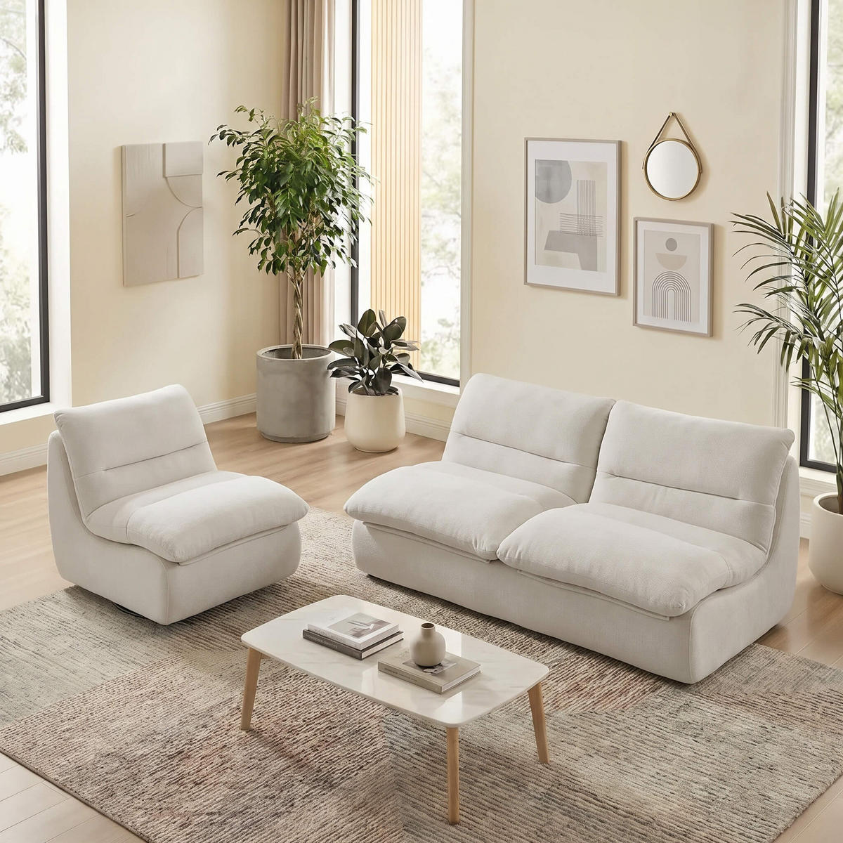 SITZGARNITUR Nuvia Sofa und Sessel Weiß und Weiß - Weiß, Textil (160/73/100cm) - COCO Living