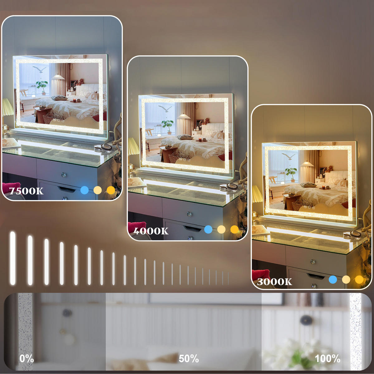 SCHMINKSPIEGEL mit Beleuchtung LED Lichtleiste gestreute Diamanten weiß 80/58 cm - Weiß, Metall (80/58/3cm) - VANITII