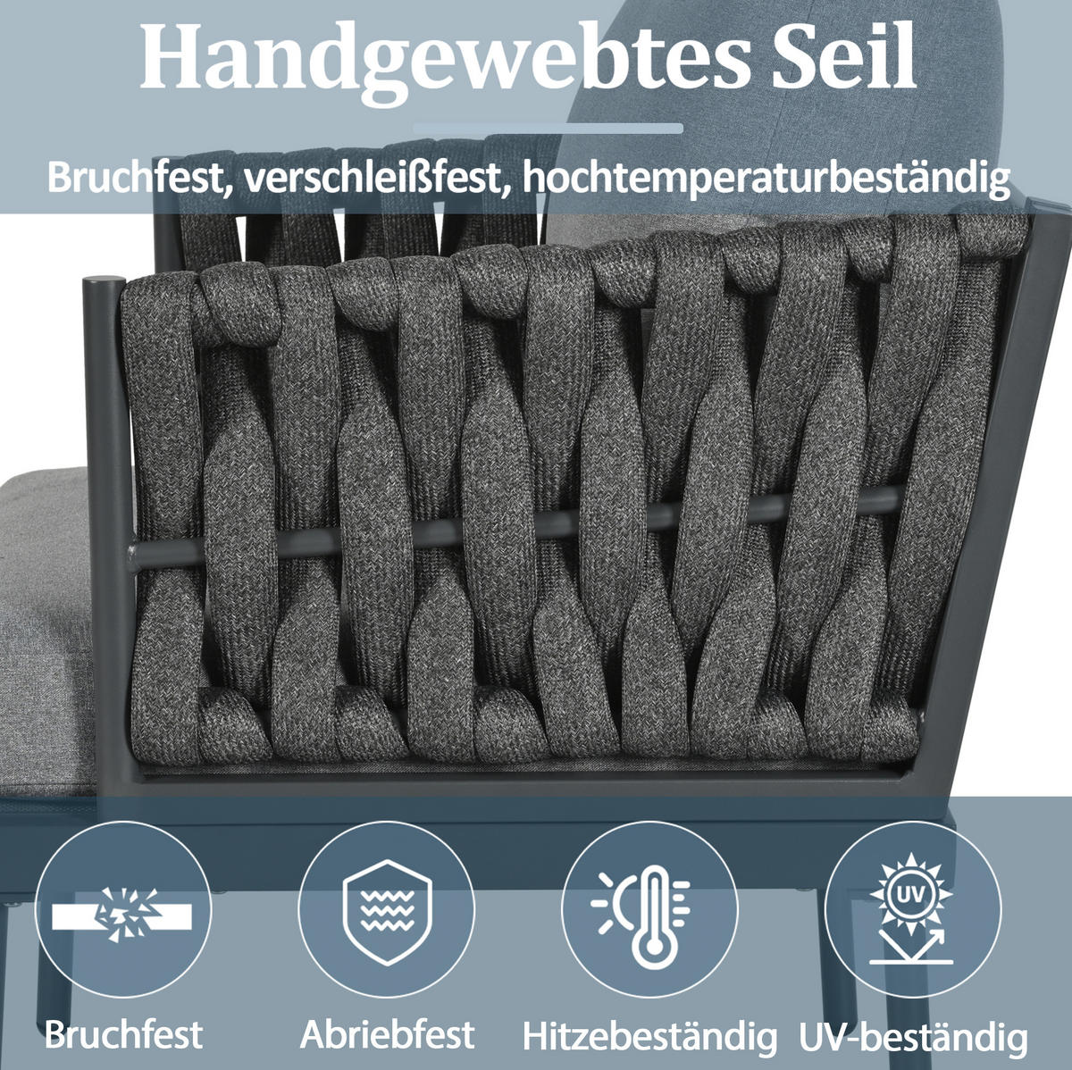 LOUNGE-SET 180/68/66 cm grau aus Polyester mit Glas-Couchtisch und Seilarmlehnen - Grau, Textil - OKWISH