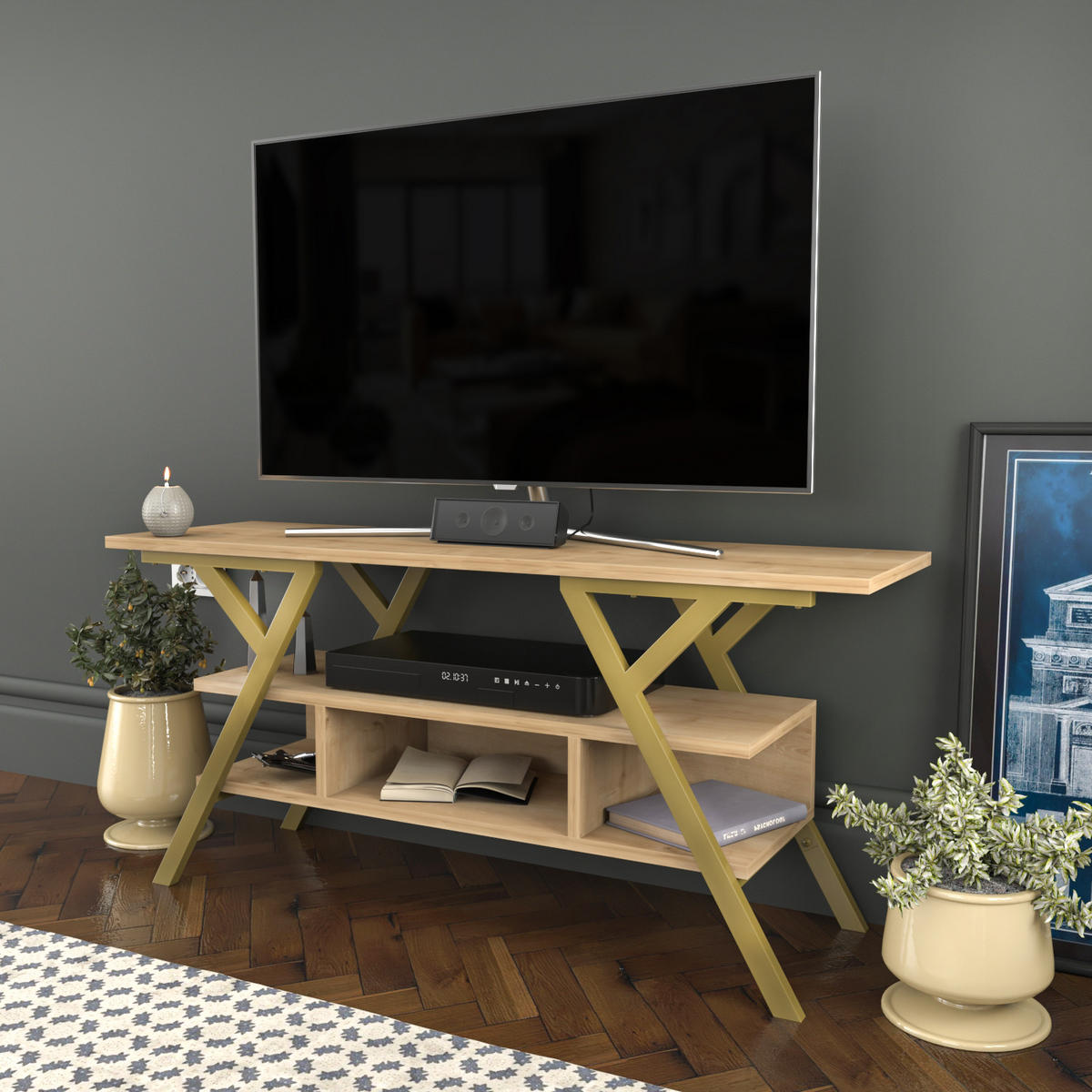 TV Stand Minerva Gold Eiche - Eichefarben/Goldfarben, Holzwerkstoff (120/55/35cm) - Decorotika
