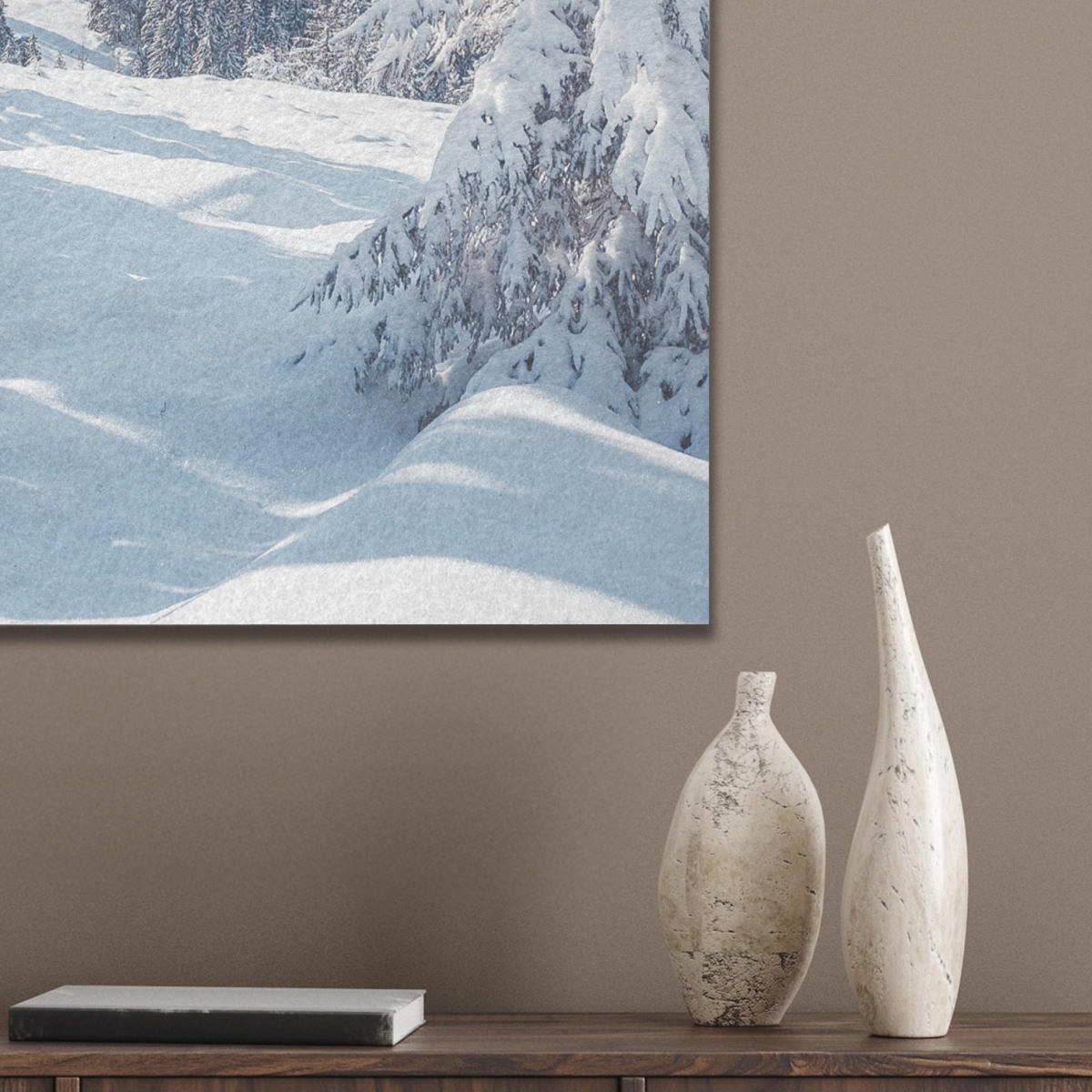 AKUSTIKBILD Winterlandschaft - Natur - Berge - Bäume - Schnee Kunstdruck Schlafzimmer 50x70 cm - Hellblau, Kunststoff (50/70/0.9cm) - MuchoWow