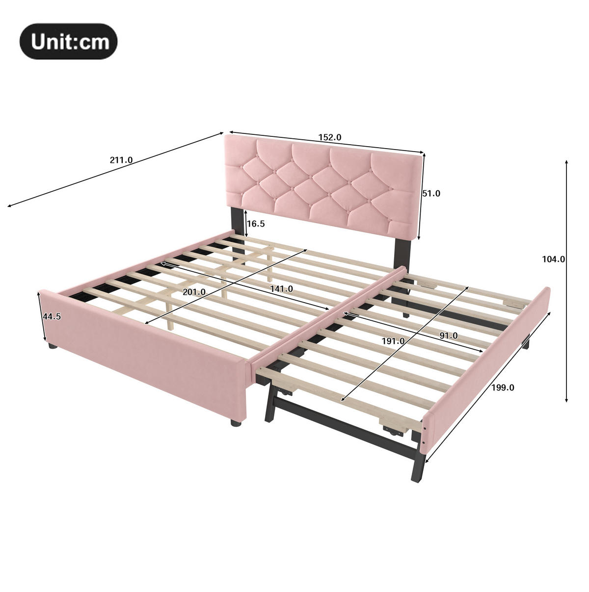 SAMT-POLSTERBETT 140/200 cm mit Rollbett und gepolstertem Kopfteil in Rosa - Rosa, Textil (140/200cm) - BEAOK
