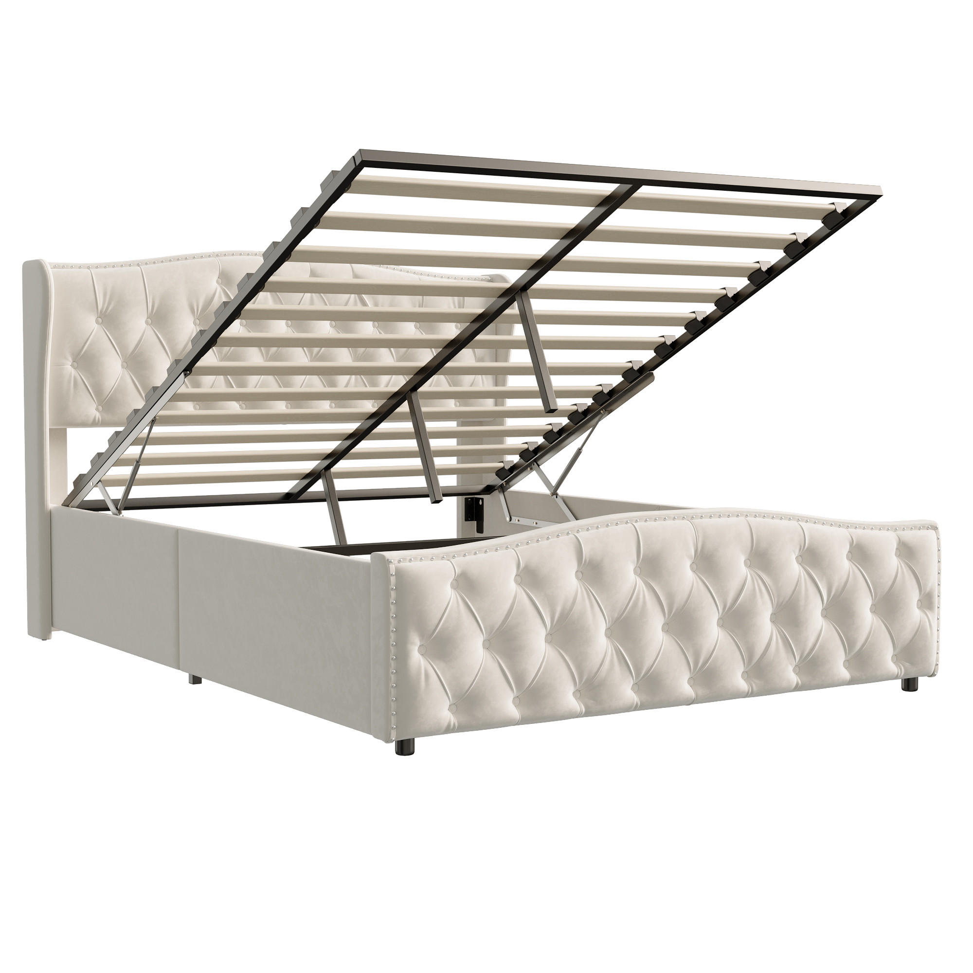 POLSTERBETT 160x200 cm mit hydraulischem Stauraum, Wellenkopfteil mit Nieten, Samtstoff in Beige - Beige, Holz (160/200cm) - BRILVERDE