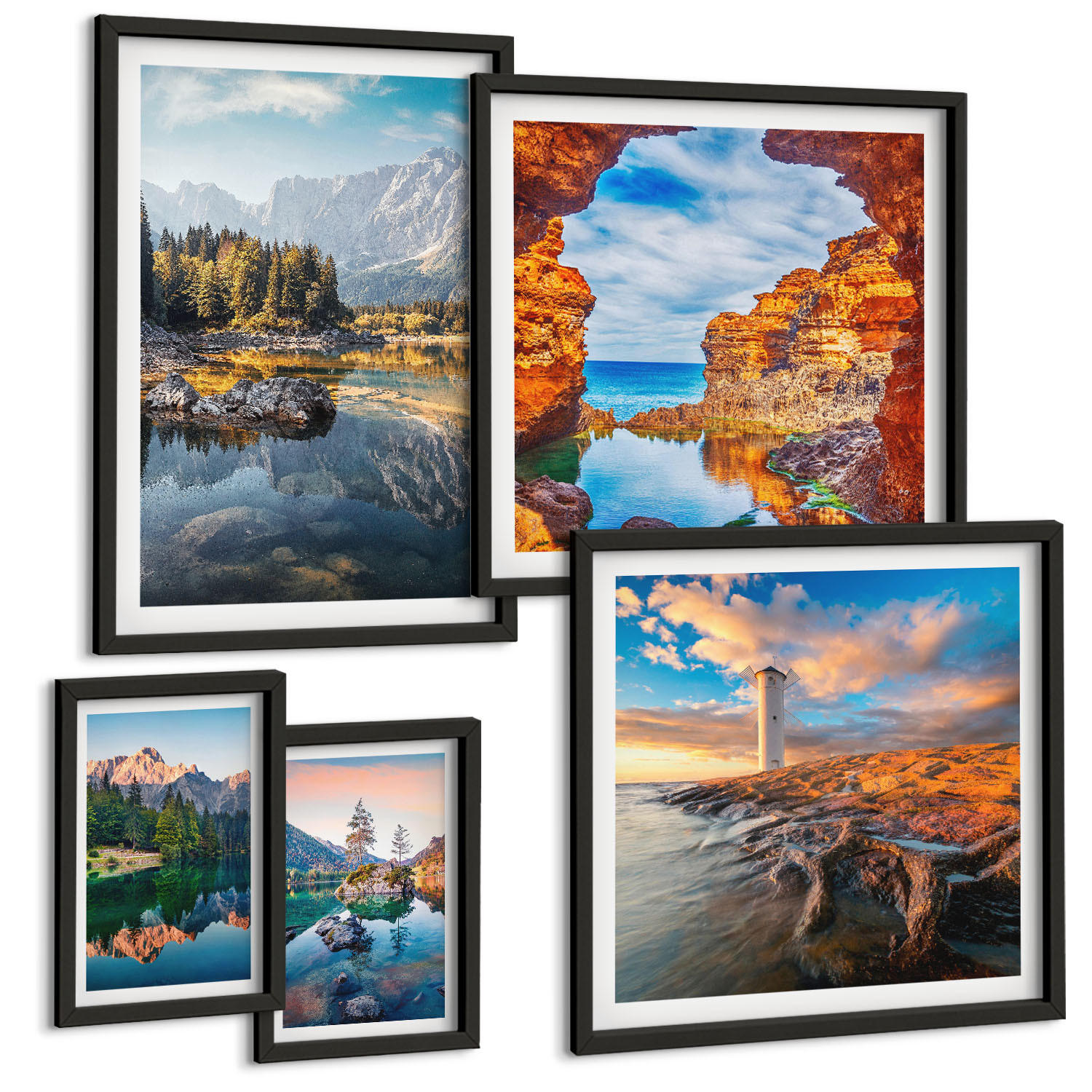 BILDER SET 5er Set - 50x50 cm & 20x30 cm & 40x60 cm Schwarzer Rahmen - Aussicht Paris New York Treppen - Schwarz, Kunststoff (40/60cm) - TULUP