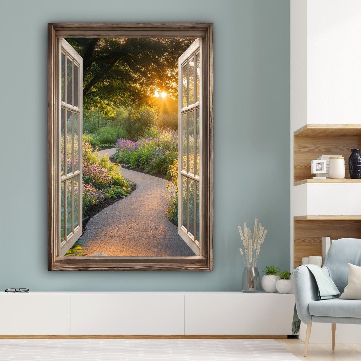SLIKA NA PLATNU Pogled skozi okno 90x140 cm - svetlo rumena, tekstil (90/140cm) - MuchoWow