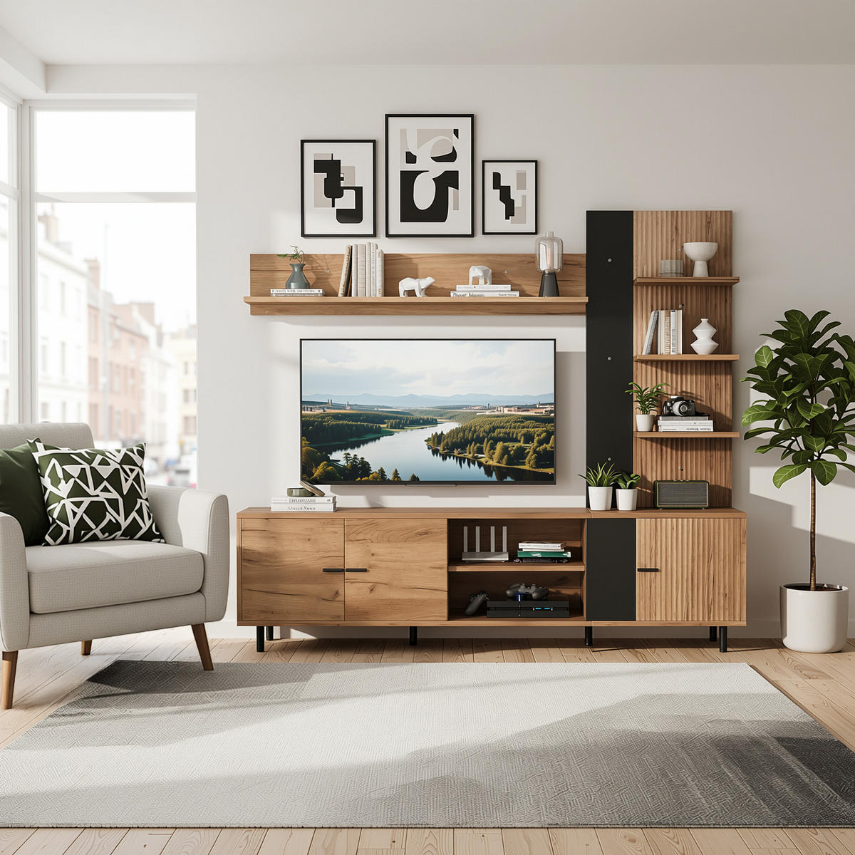 TV STOLEK set dřevo a černá moderní úložný prostor - přírodní, kompozitní dřevo (187.5/167/40cm) - Urban Meuble