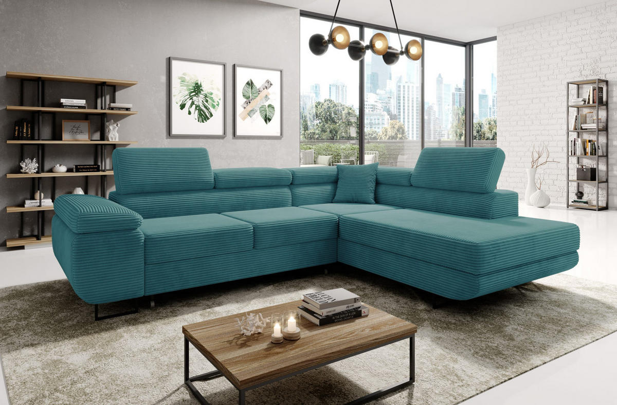 ECKSOFA ASTORP, Sofa aus Cord Türkis - Poso 26 - Türkis/Silberfarben, Textil/Metall (277/203cm) - Moderno Meble