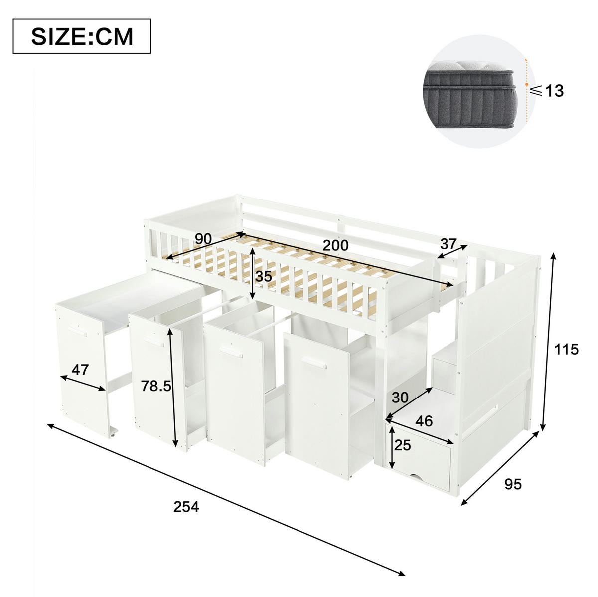 ETAGENBETT 90/200 cm aus Kiefer, MDF und Sperrholz mit Stauraumtreppe, Schreibtisch und Kleiderschränken Weiß - Weiß, Holzwerkstoff (90/200cm) - Modenvie