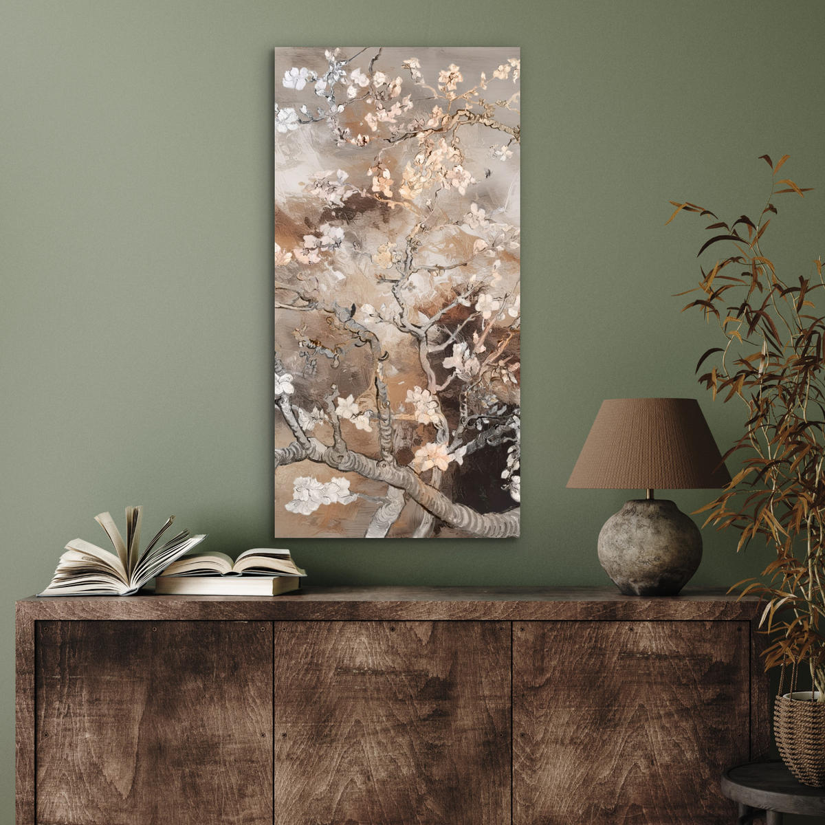 KOVOVÝ OBRAZ Mandľový kvet - Umenie - Van Gogh - Béžová - Abstraktné 40x80 cm - hnedá, kov (40/80cm) - MuchoWow