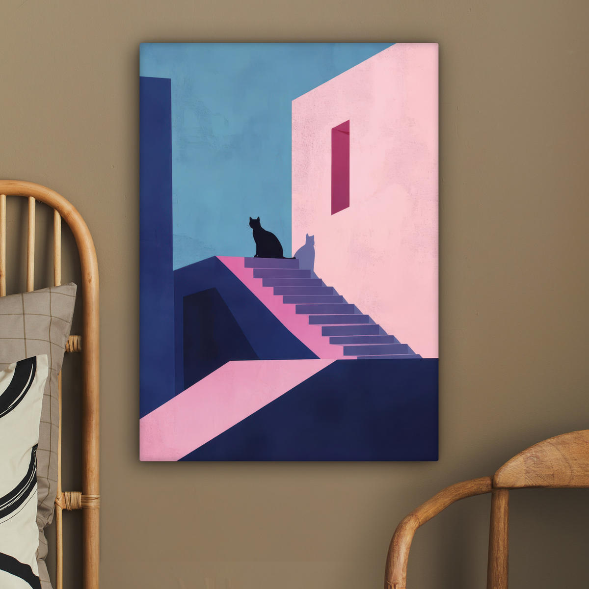 LEINWANDBILD Katze - Treppe - Gebäude - Schattenkontraste Wandbild Wohnzimmer 60x80 cm - Dunkelblau, Textil (60/80cm) - MuchoWow
