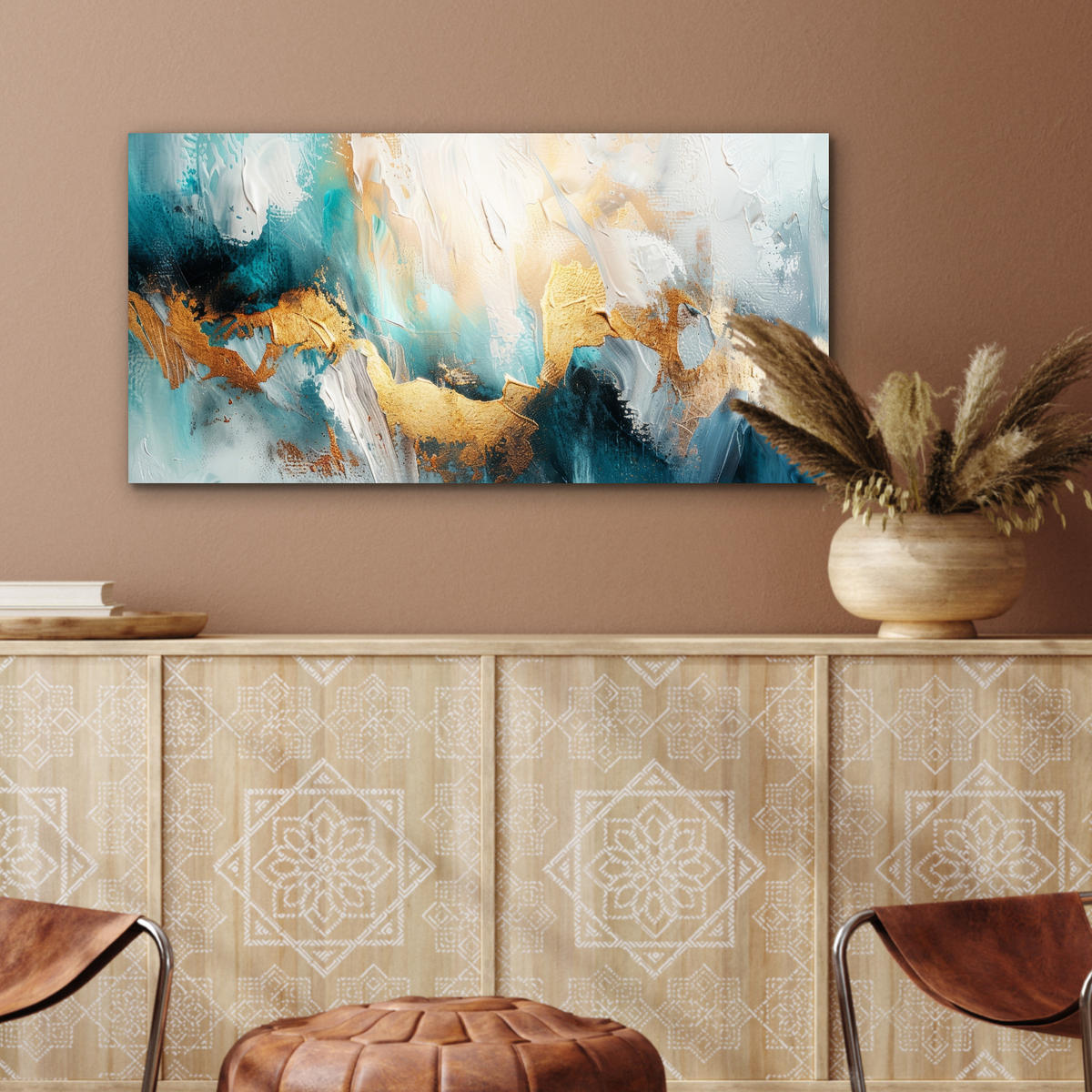 KOVOVÝ OBRAZ Abstraktné - umenie - zlaté - modré 80x40 cm - petrolejová, kov (80/40cm) - MuchoWow
