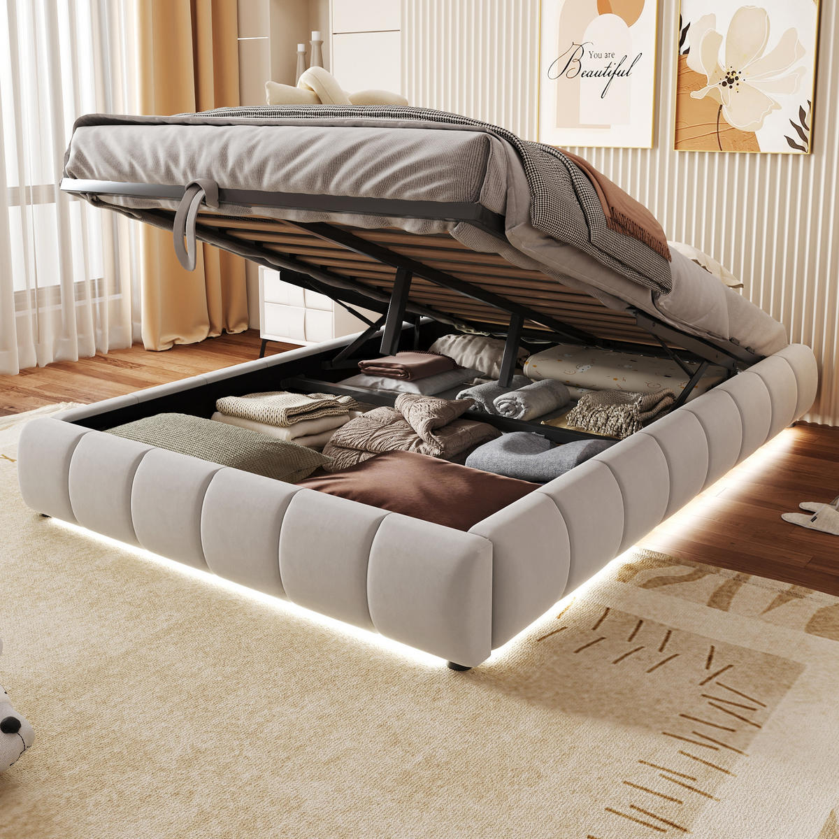 TAPECIRANI KREVET 140x200 Bež LED Hidraulično Spremište - bež, tekstil (140/200cm) - FLIEKS