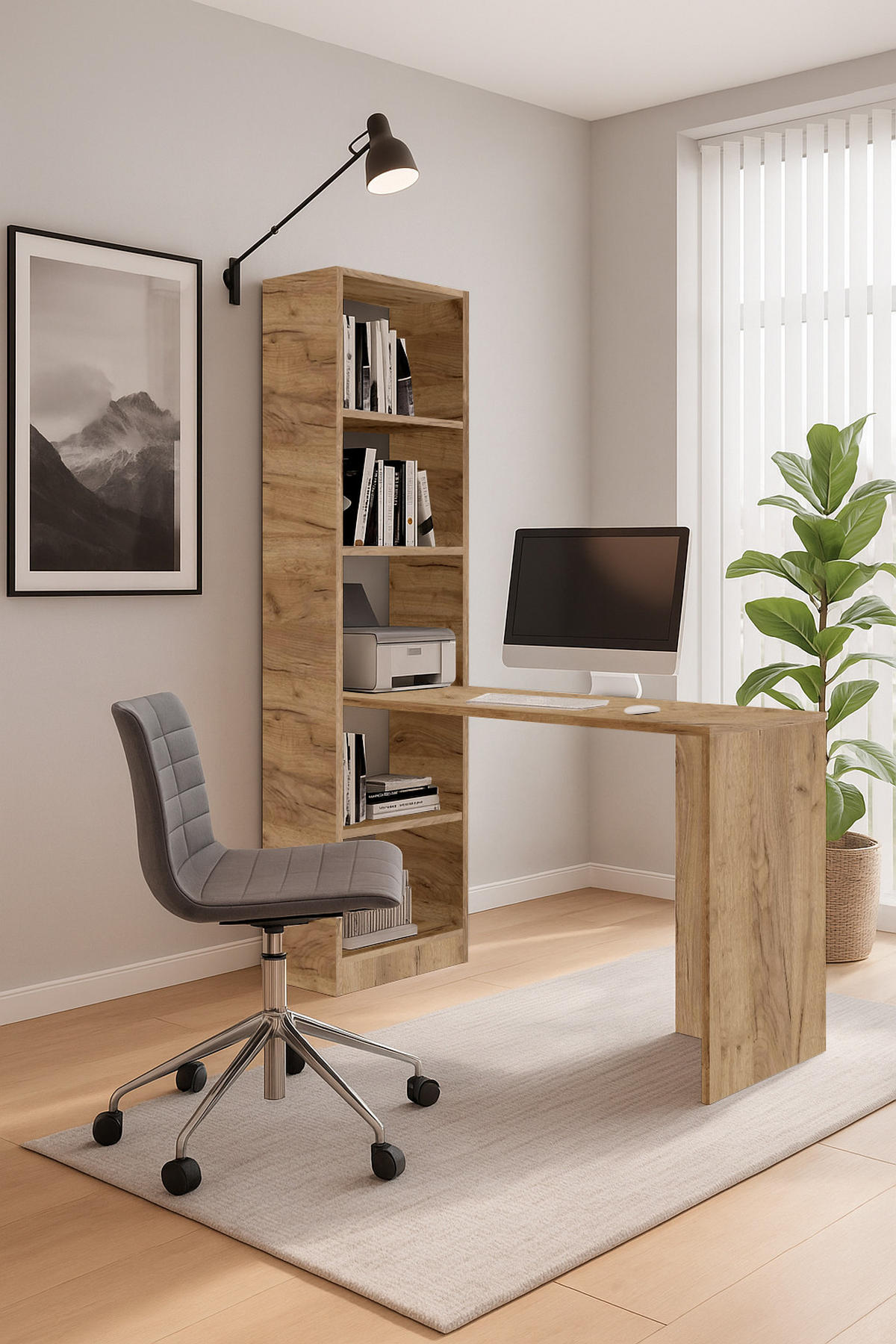 SCHREIBTISCH B-1 mit Regal Eiche Golden Kraft - Honigeiche, Holzwerkstoff (50/125/183cm) - Kier Furniture