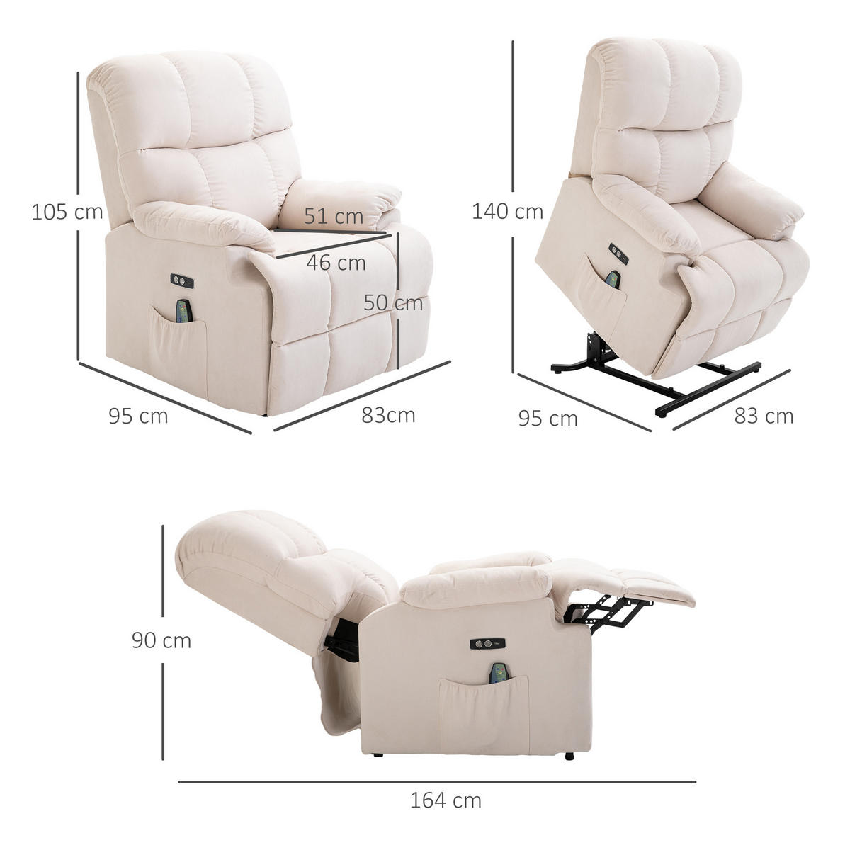 SESSEL mit aufstehhilfe Relaxsessel Fernbedienung USB Kurzplüsch Creme - Weiß, Kunststoff (95/105/83cm) - HOMCOM