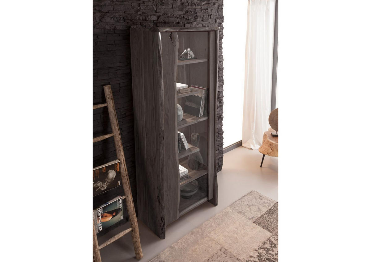 VITRINE Akazie 81x45x204 grau lackiert PURE ACACIA #406 - Grau, Holz (81/204/45cm) - Massivmoebel24