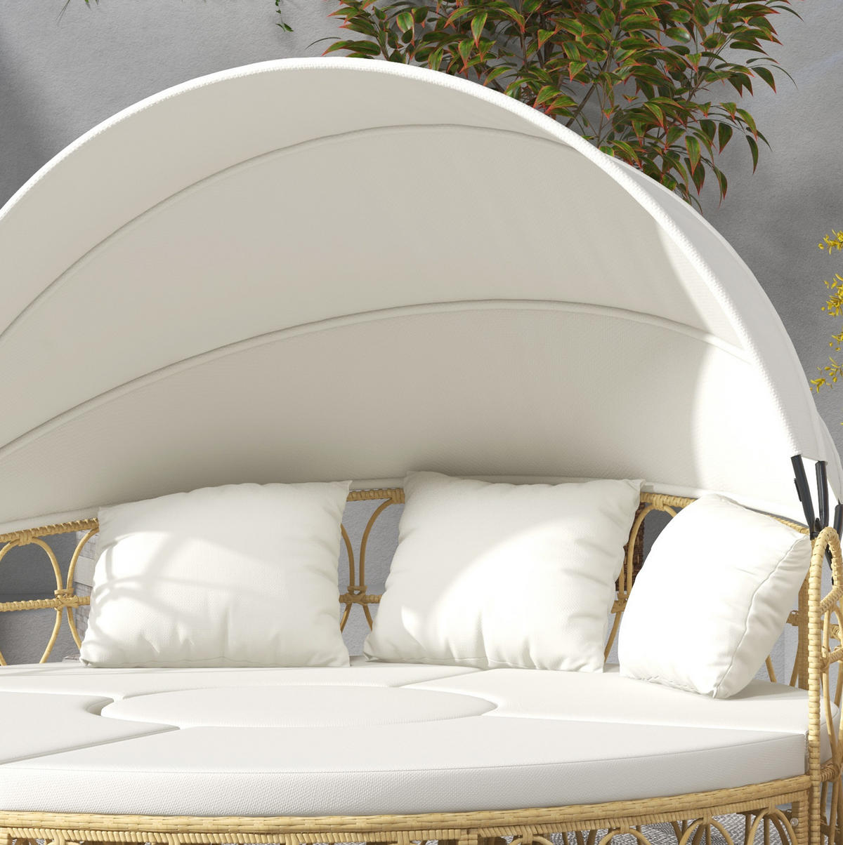 GARTENMÖBEL-SET 178/85/66,5 cm mit ausziehbarem Sonnendach, Hockern und Couchtisch aus Rattan, Cremeweiß - Weiß, Naturmaterialien - Redom