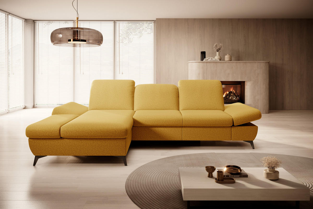 ECKSOFA FELICE L-S Gelb Geflochtener Stoff mit Schlaffunktion - Gelb, Holz (284/166cm) - MASSENO
