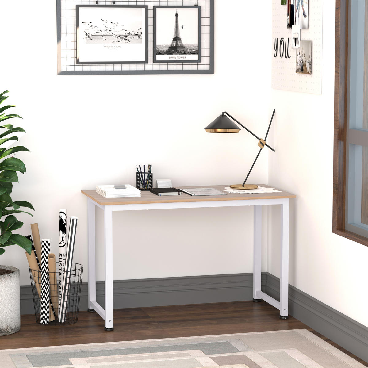 COMPUTERTISCH Eichefarben und Weiß mit Metallgestell 120/60/76 cm - Weiß, Holzwerkstoff (60/120/76cm) - PANGIVO