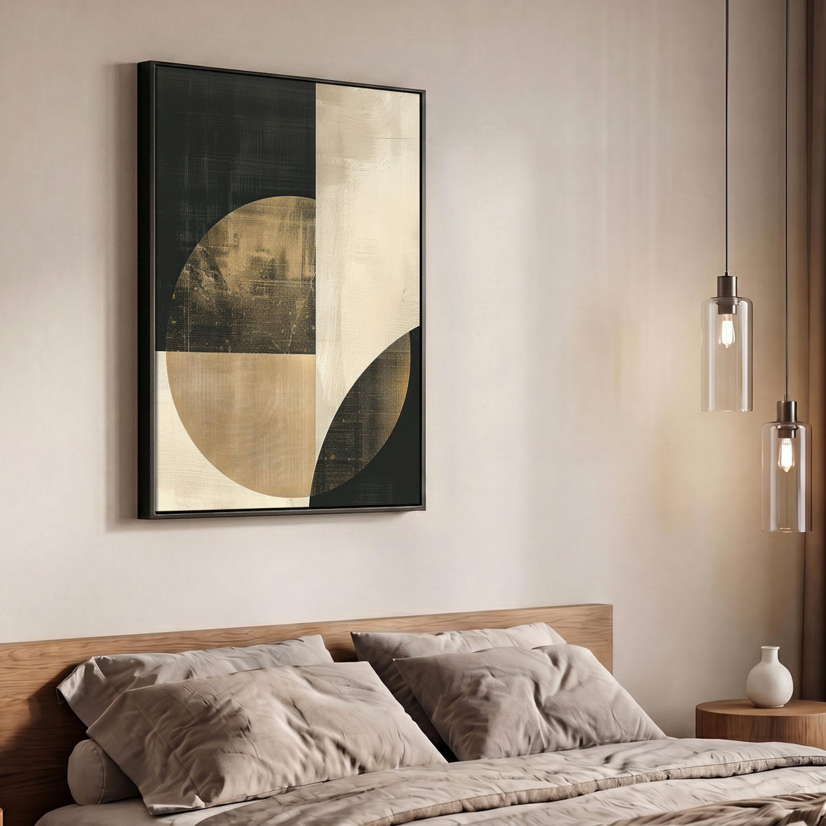 LEINWAND Bilder mit Rahmen - Abstrakt - Geometrische Formen - Schwarz - Gold - 70x100 - Ecru, Textil (70/100cm) - MuchoWow