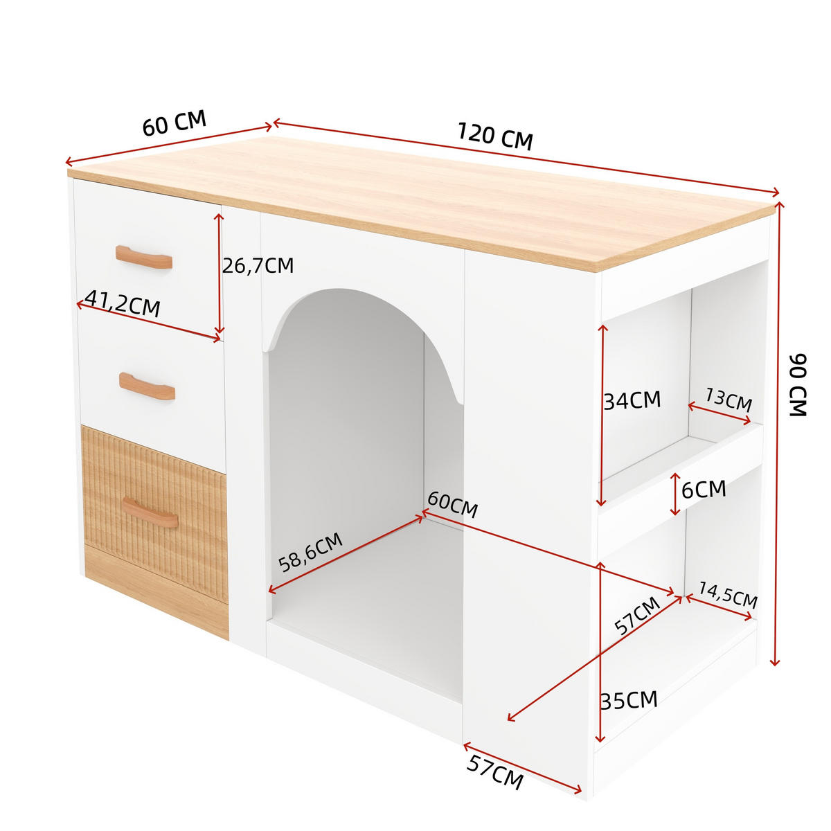 KÜCHENINSEL Weiß-Holzoptik mit Haustierbereich und drei Schubladen 120×60×90 cm aus MDF - Weiß, Holzwerkstoff (120/90/60cm) - Luhomfu