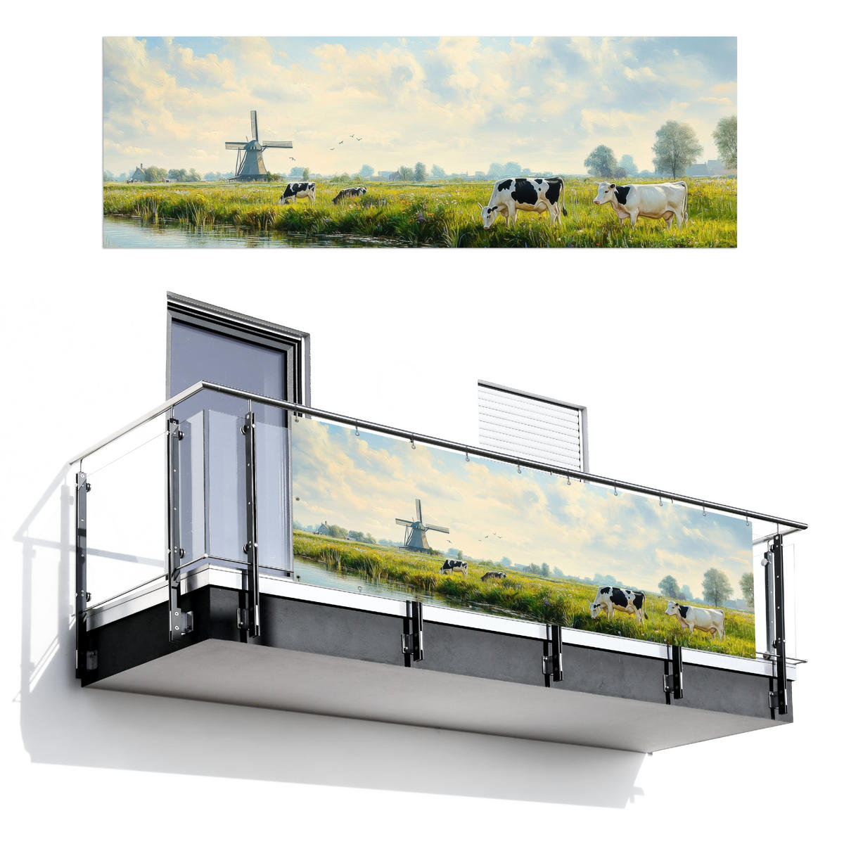 BALKON-SICHTSCHUTZ Kühe - Windmühle - Wiese - Blau - Grün, Kunststoff (300/100cm) - MuchoWow