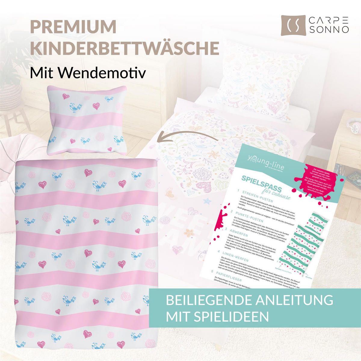 KINDERBETTWÄSCHE 135x200 cm Herz Rosa Mädchen aus 100% Baumwolle - Leuchtet um Dunkeln - Rosa, Textil (135/200cm) - Carpe Sonno